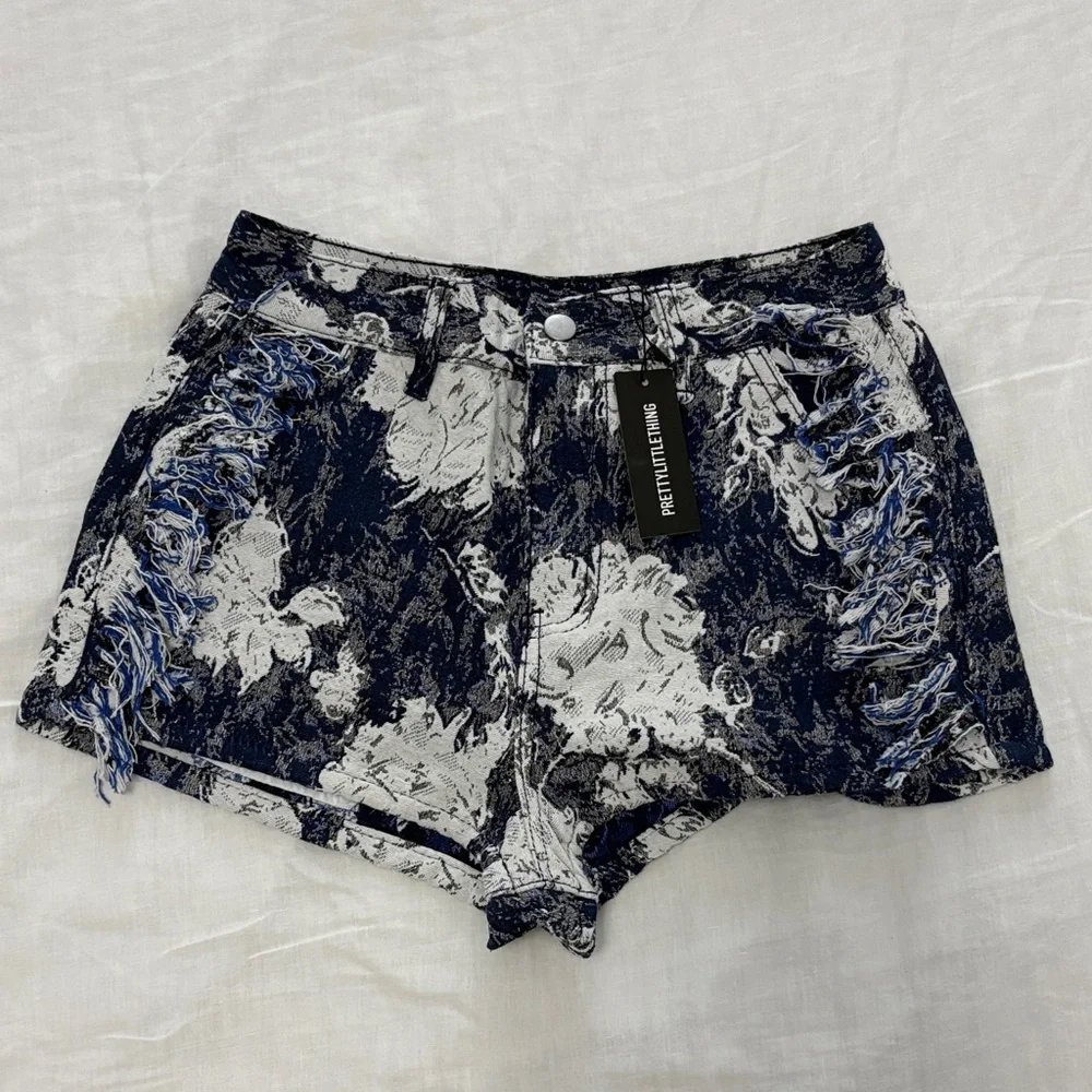 PLT Blue Printed Jacquard Twill Tassel Side Shorts - Picture 7 of 12